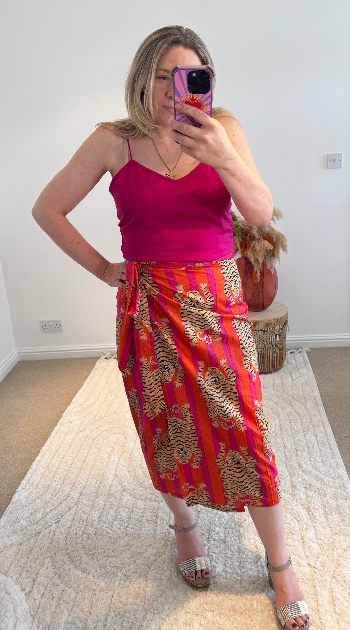 Tiger/Stripes Bright Cotton Wrap Midi Skirt | Pink/Orange