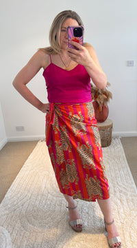 Tiger/Stripes Bright Cotton Wrap Midi Skirt | Pink/Orange