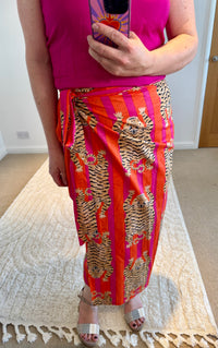 Tiger/Stripes Bright Cotton Wrap Midi Skirt | Pink/Orange