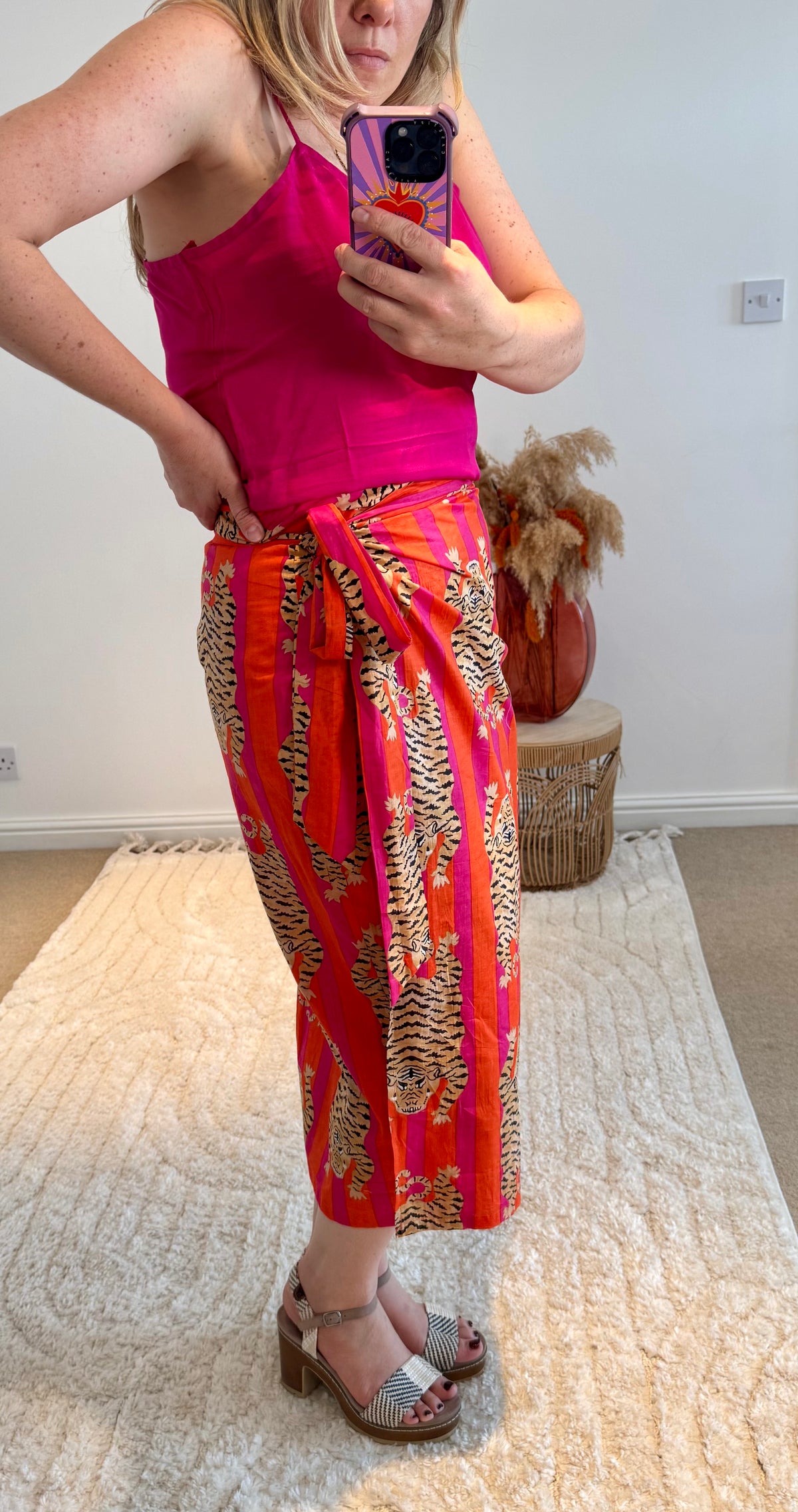 Tiger/Stripes Bright Cotton Wrap Midi Skirt | Pink/Orange