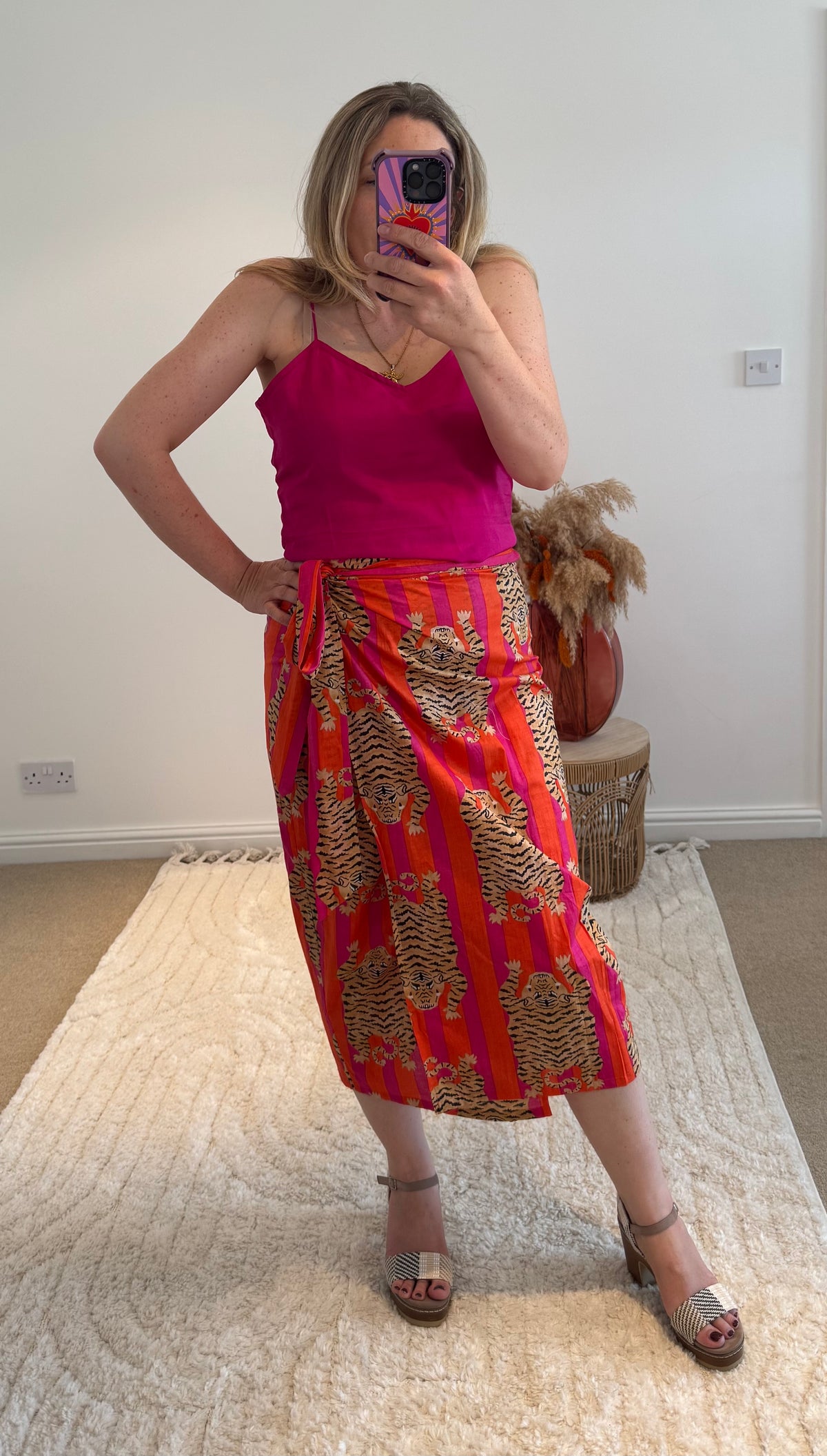 Tiger/Stripes Bright Cotton Wrap Midi Skirt | Pink/Orange