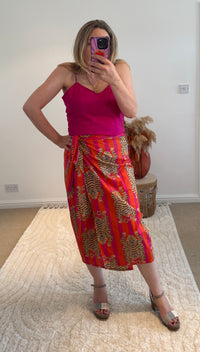 Tiger/Stripes Bright Cotton Wrap Midi Skirt | Pink/Orange