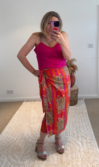 Tiger/Stripes Bright Cotton Wrap Midi Skirt | Pink/Orange