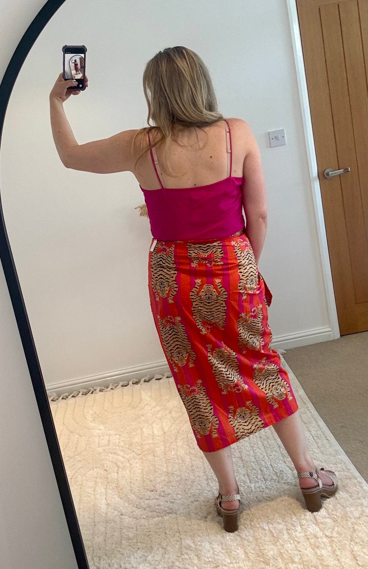 Tiger/Stripes Bright Cotton Wrap Midi Skirt | Pink/Orange