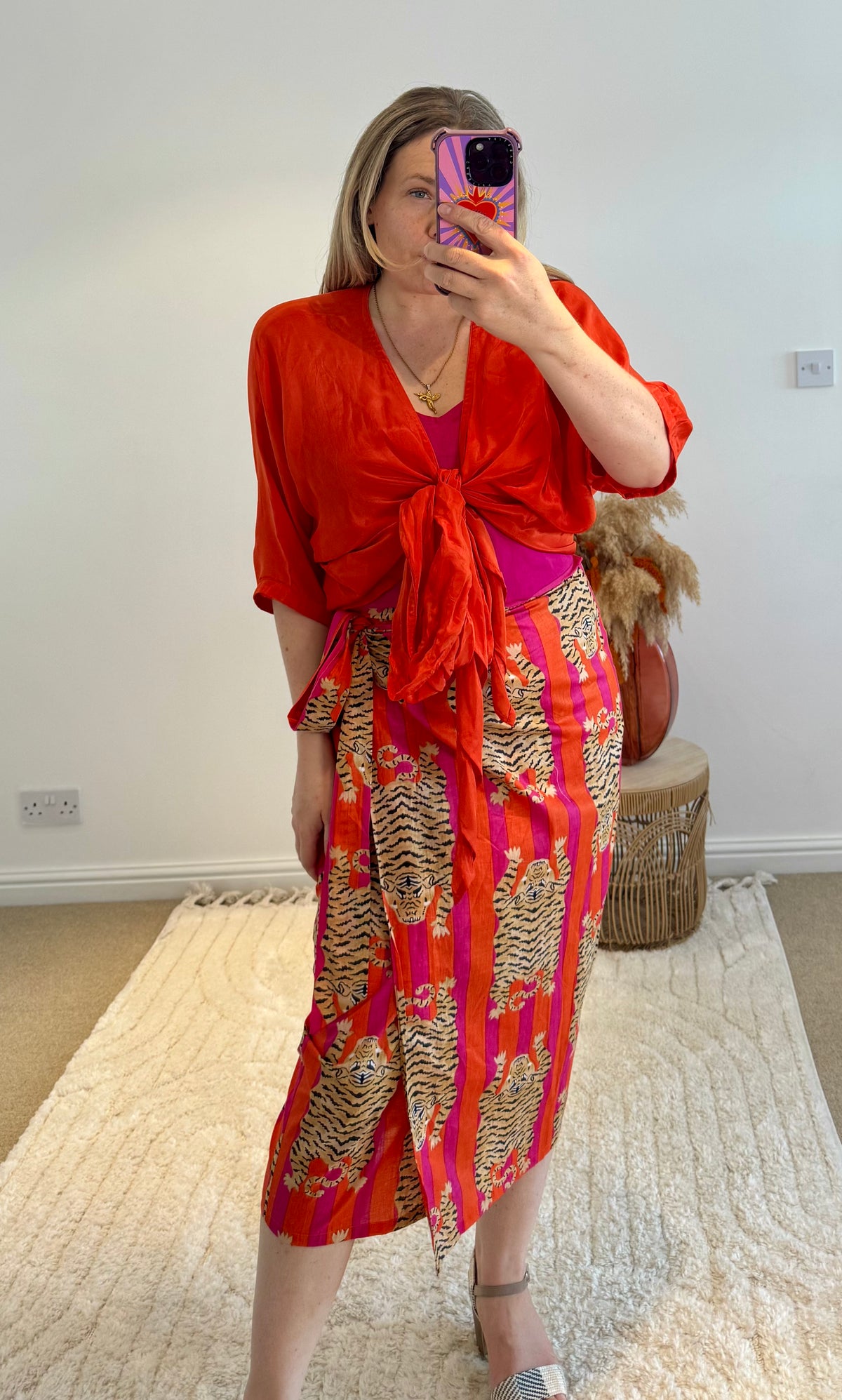 Tiger/Stripes Bright Cotton Wrap Midi Skirt | Pink/Orange