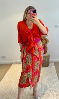 Tiger/Stripes Bright Cotton Wrap Midi Skirt | Pink/Orange