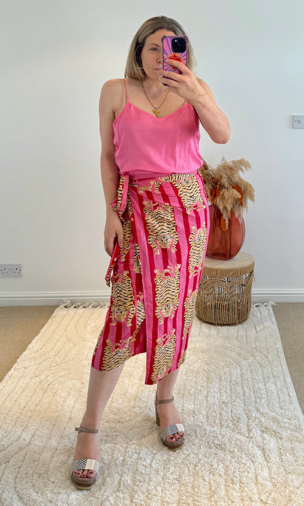 Tiger/Stripes Bright Cotton Wrap Midi Skirt | Red/Pink