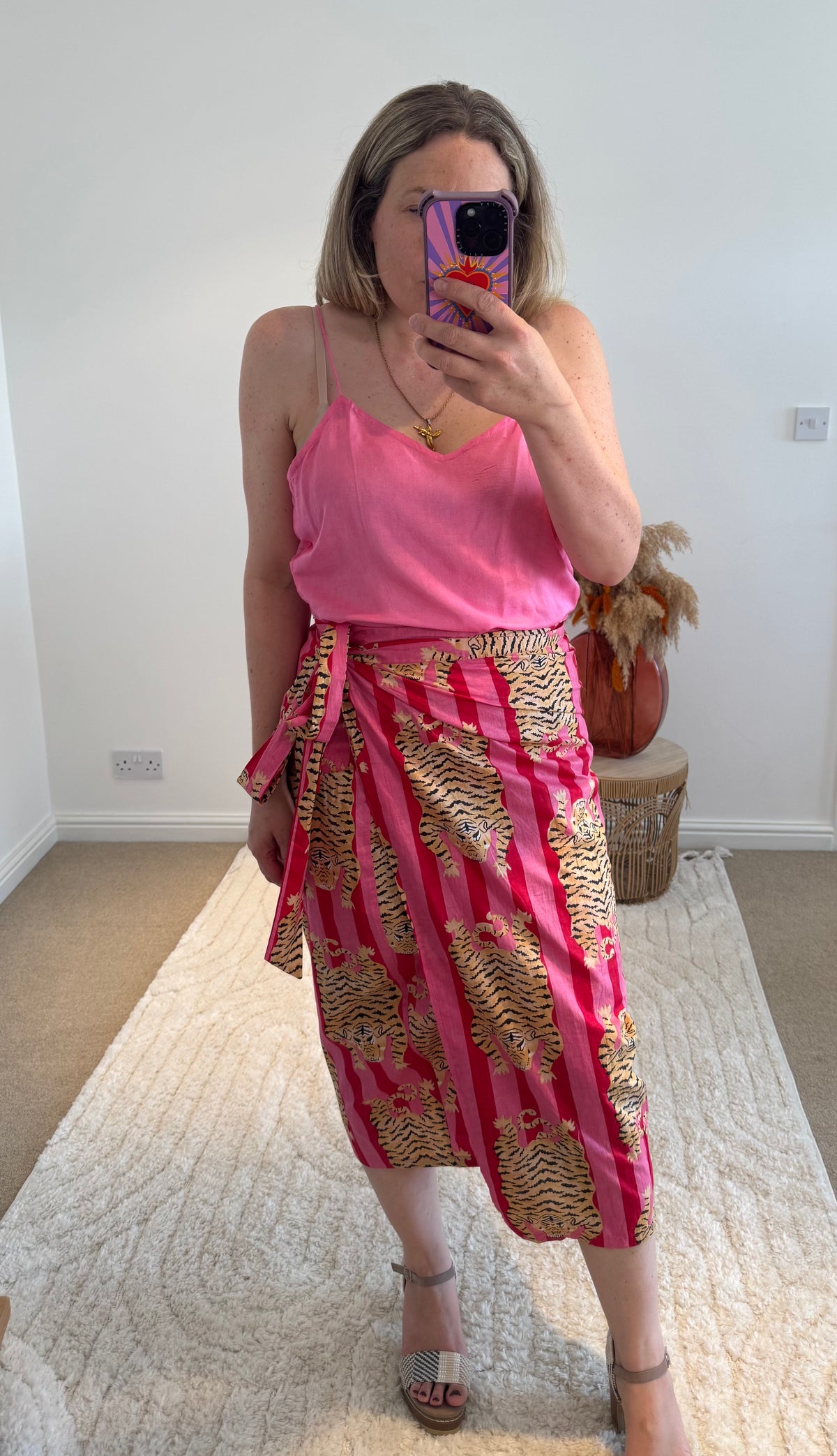 Tiger/Stripes Bright Cotton Wrap Midi Skirt | Red/Pink