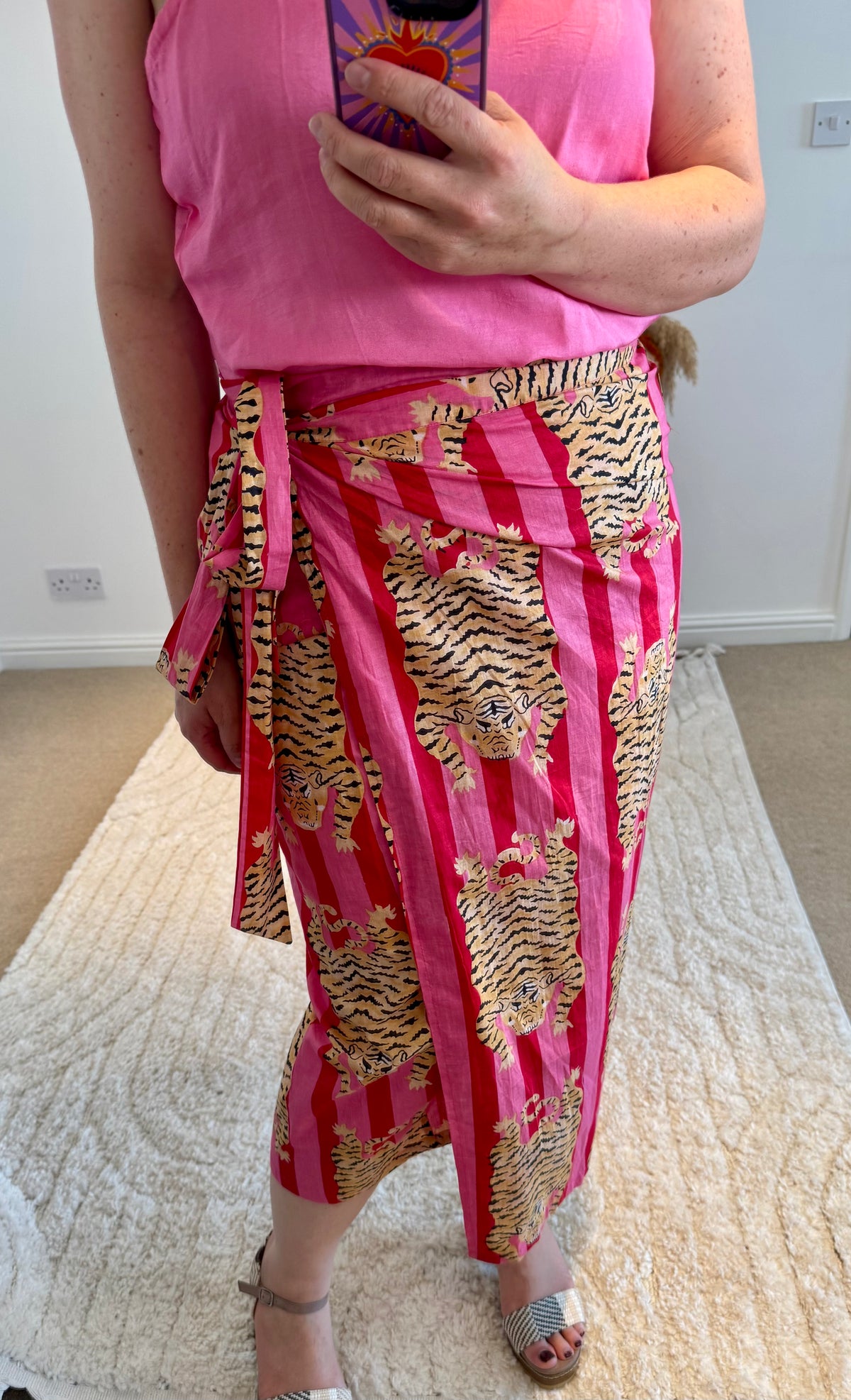 Tiger/Stripes Bright Cotton Wrap Midi Skirt | Red/Pink