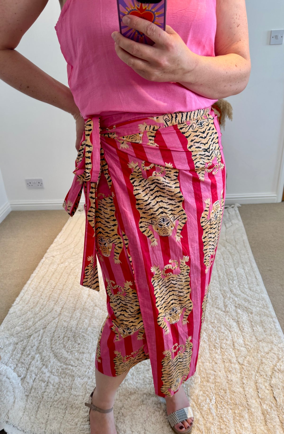 Tiger/Stripes Bright Cotton Wrap Midi Skirt | Red/Pink