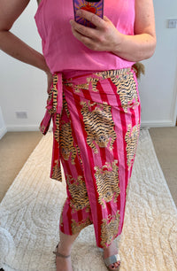 Tiger/Stripes Bright Cotton Wrap Midi Skirt | Red/Pink
