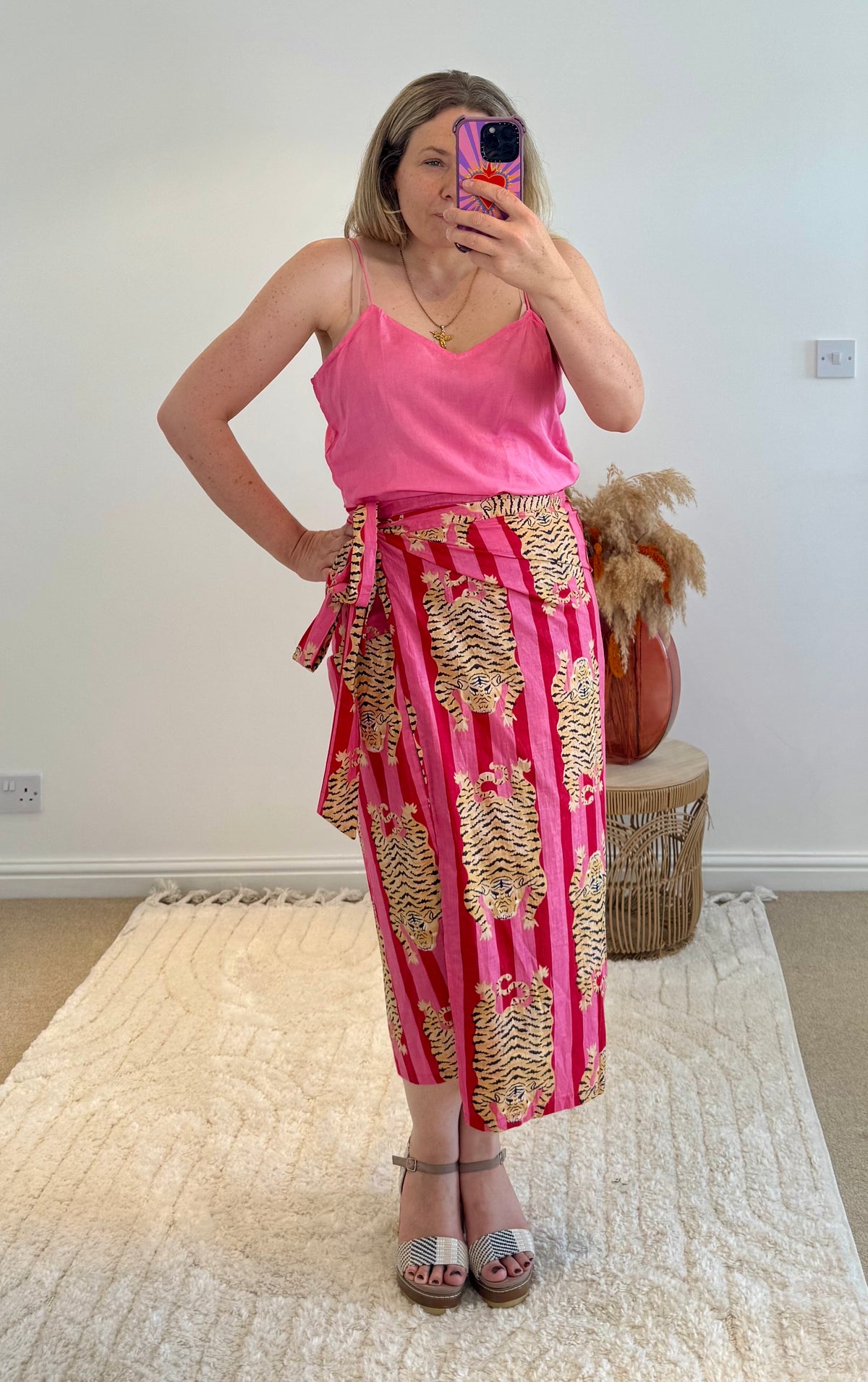 Tiger/Stripes Bright Cotton Wrap Midi Skirt | Red/Pink