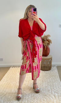 Tiger/Stripes Bright Cotton Wrap Midi Skirt | Red/Pink
