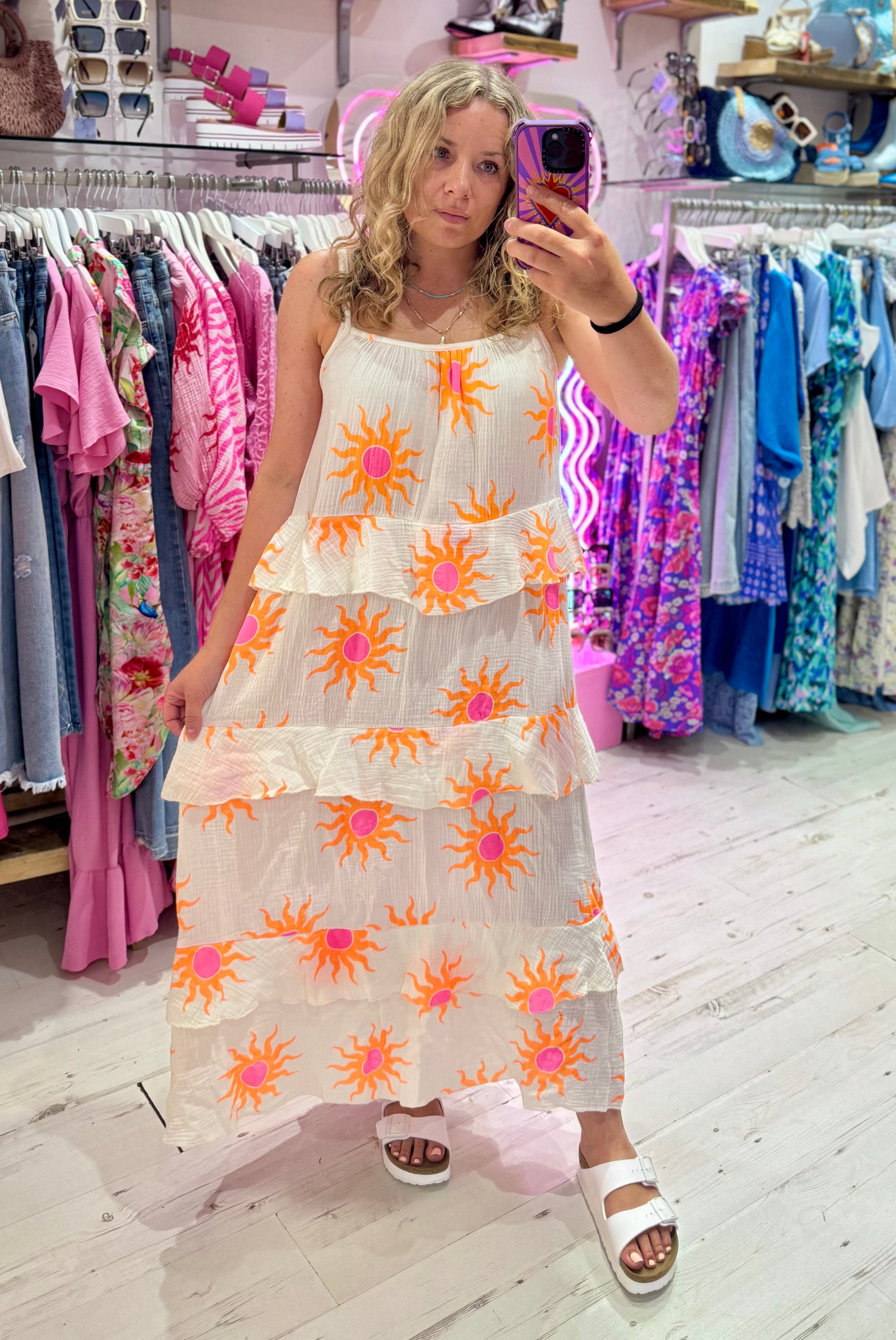 Sun Print Tiered Maxi Dress | White/Orange