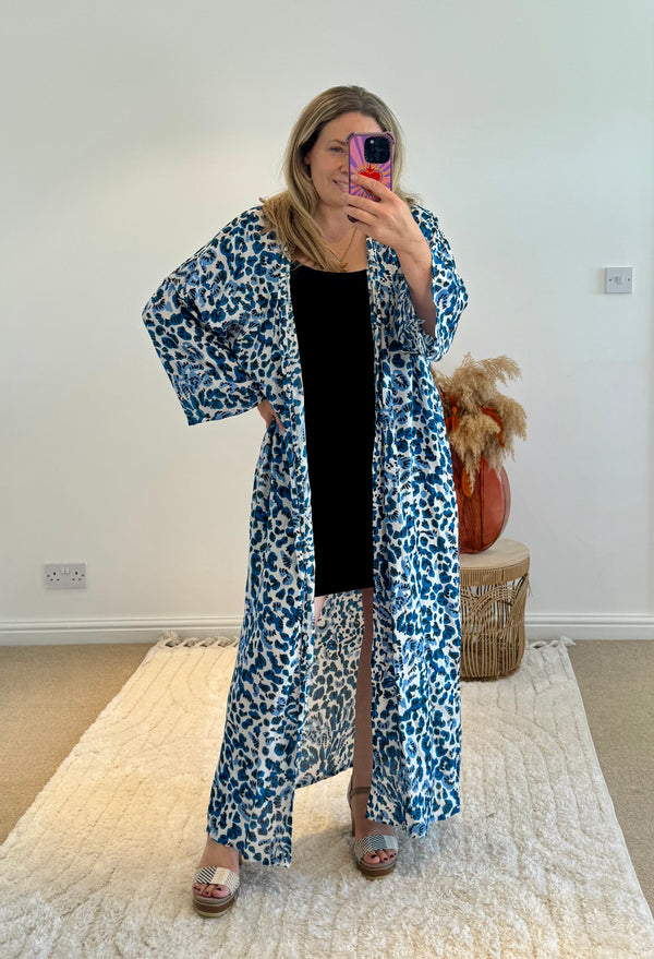 Kira Maxi Kimono | Electric Blue Leopard Print