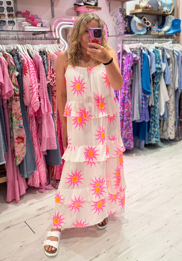 Sun Print Tiered Maxi Dress | White/Pink