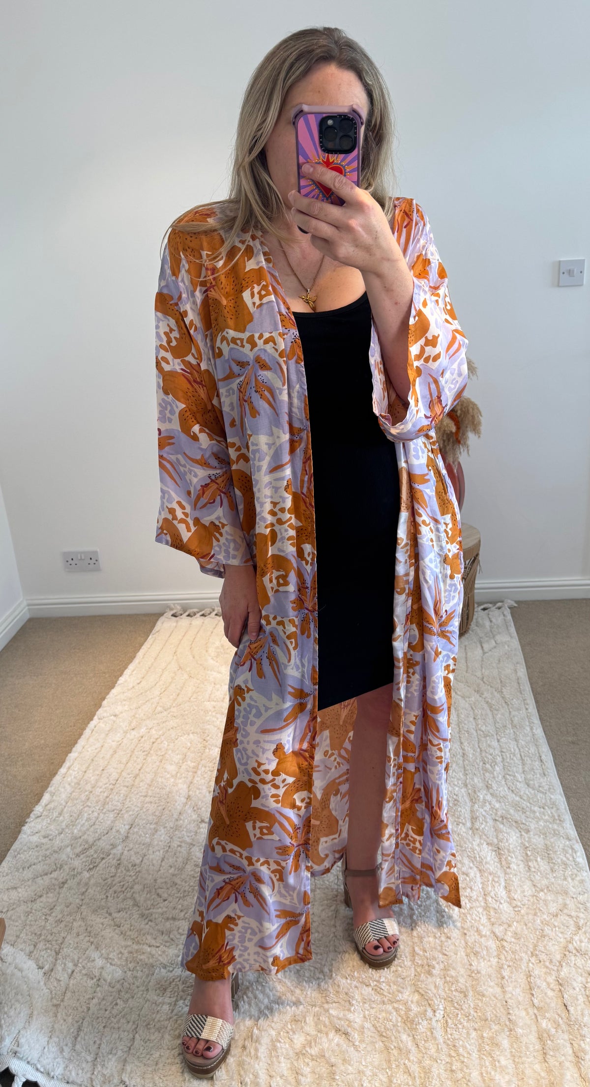 Kira Maxi Kimono | Hibiscus Print | Lilac/Burnt Orange
