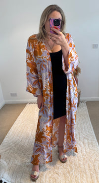 Kira Maxi Kimono | Hibiscus Print | Lilac/Burnt Orange