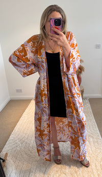 Kira Maxi Kimono | Hibiscus Print | Lilac/Burnt Orange