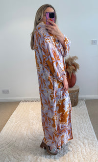 Kira Maxi Kimono | Hibiscus Print | Lilac/Burnt Orange