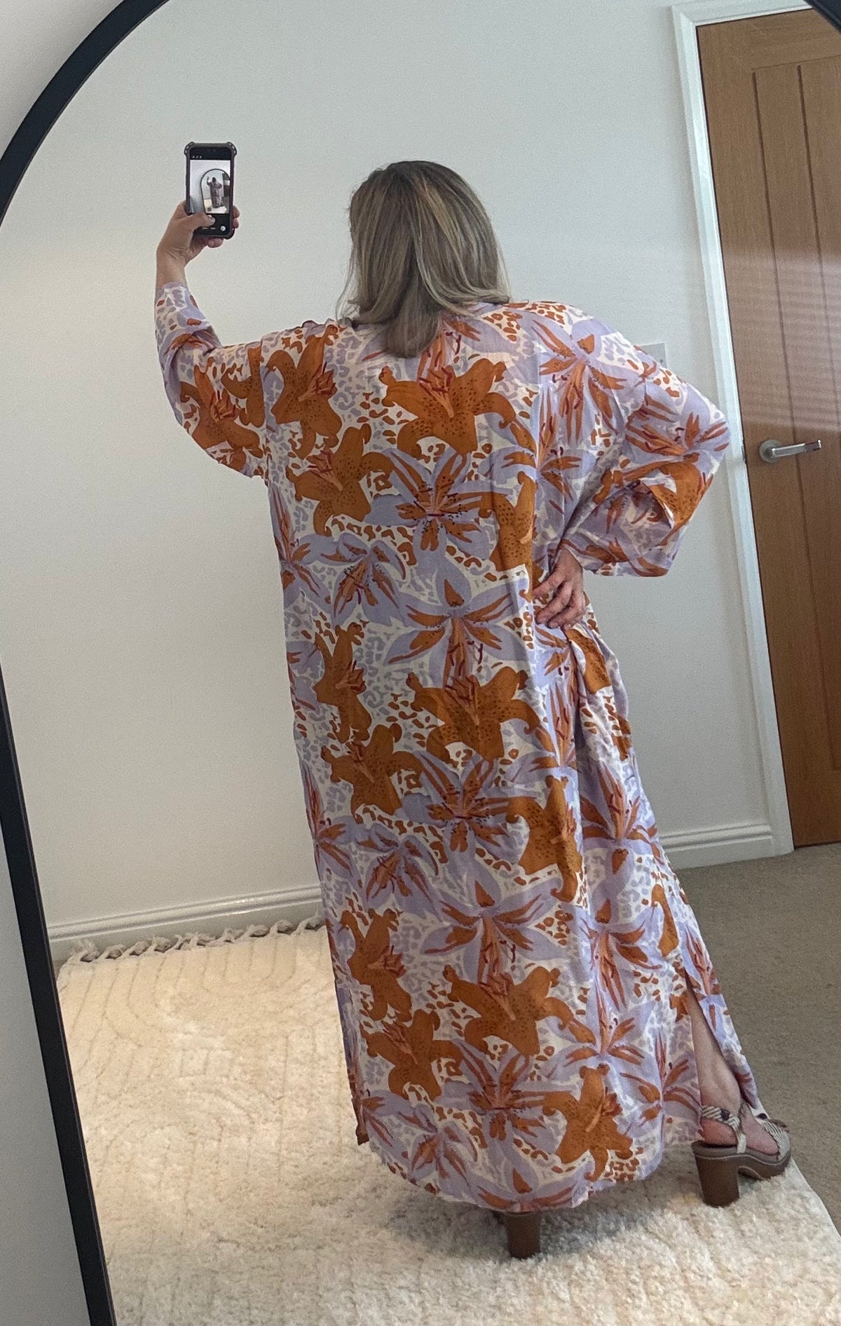 Kira Maxi Kimono | Hibiscus Print | Lilac/Burnt Orange