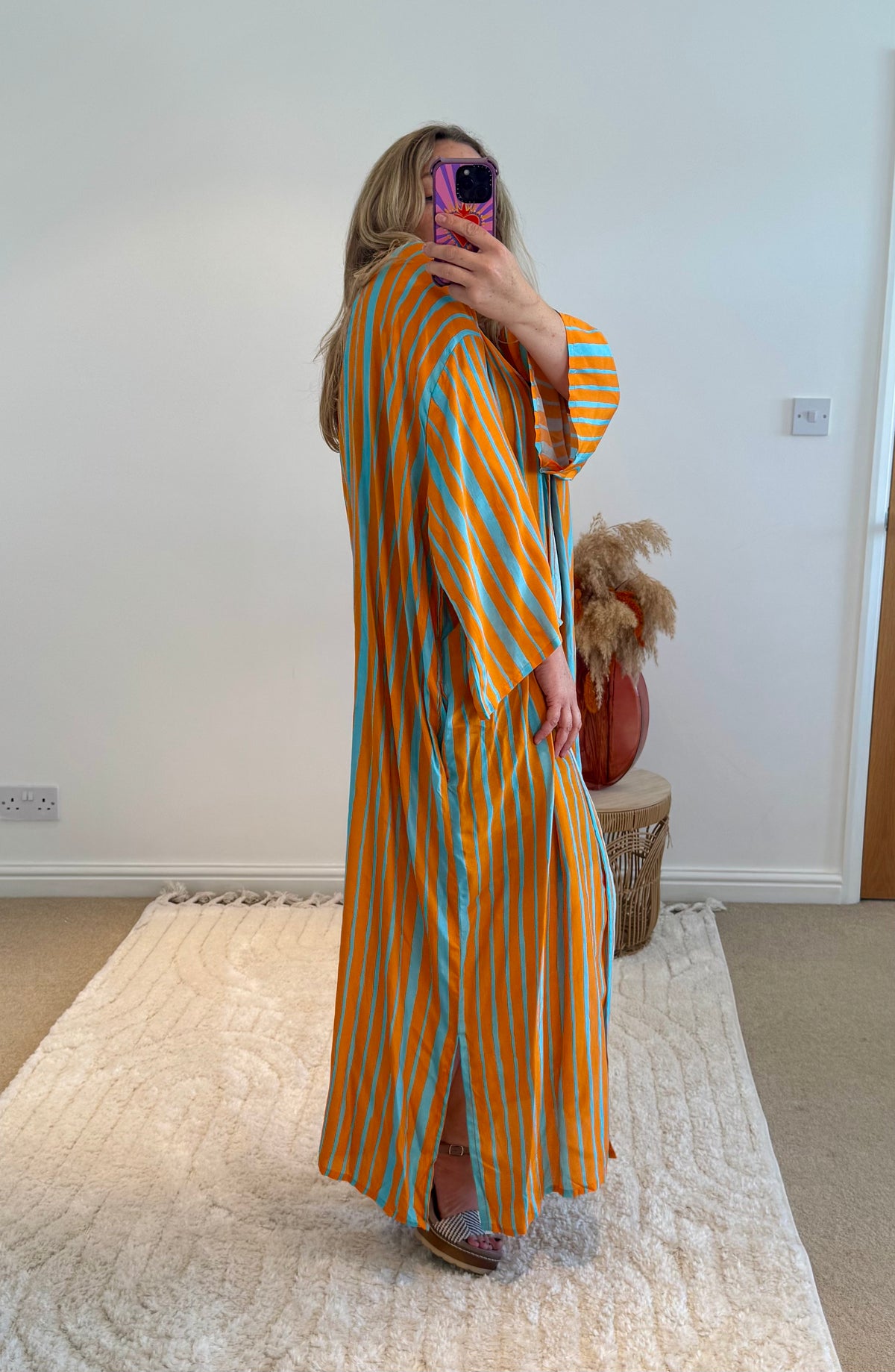 Kira Maxi Kimono | Stripe Print | Aqua/Orange