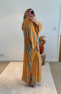 Kira Maxi Kimono | Stripe Print | Aqua/Orange