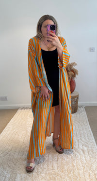 Kira Maxi Kimono | Stripe Print | Aqua/Orange