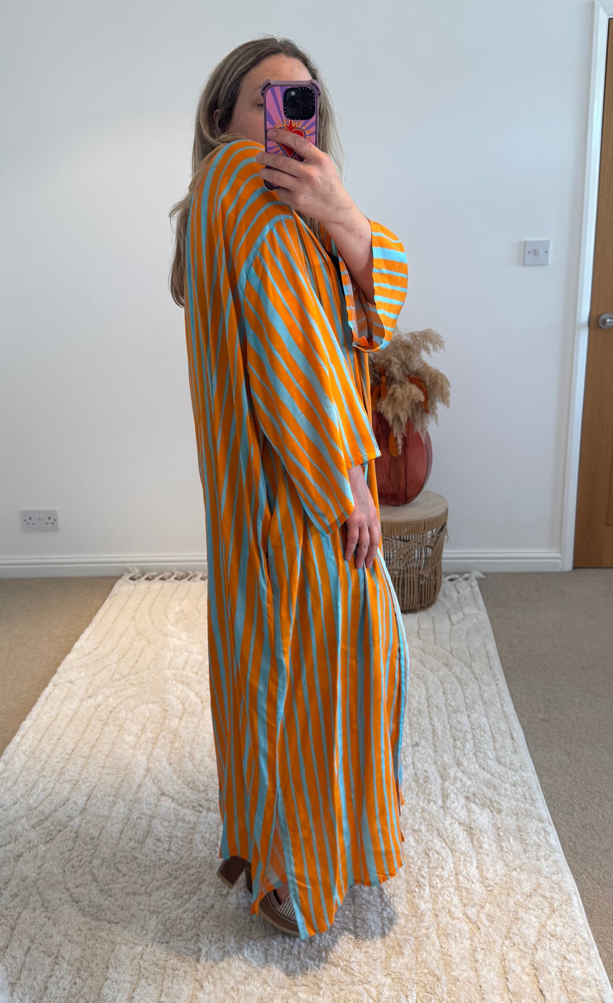 Kira Maxi Kimono | Stripe Print | Aqua/Orange