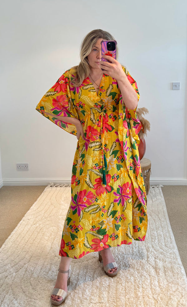 Indian Cotton Kaftan | Bright Yellow Floral Print