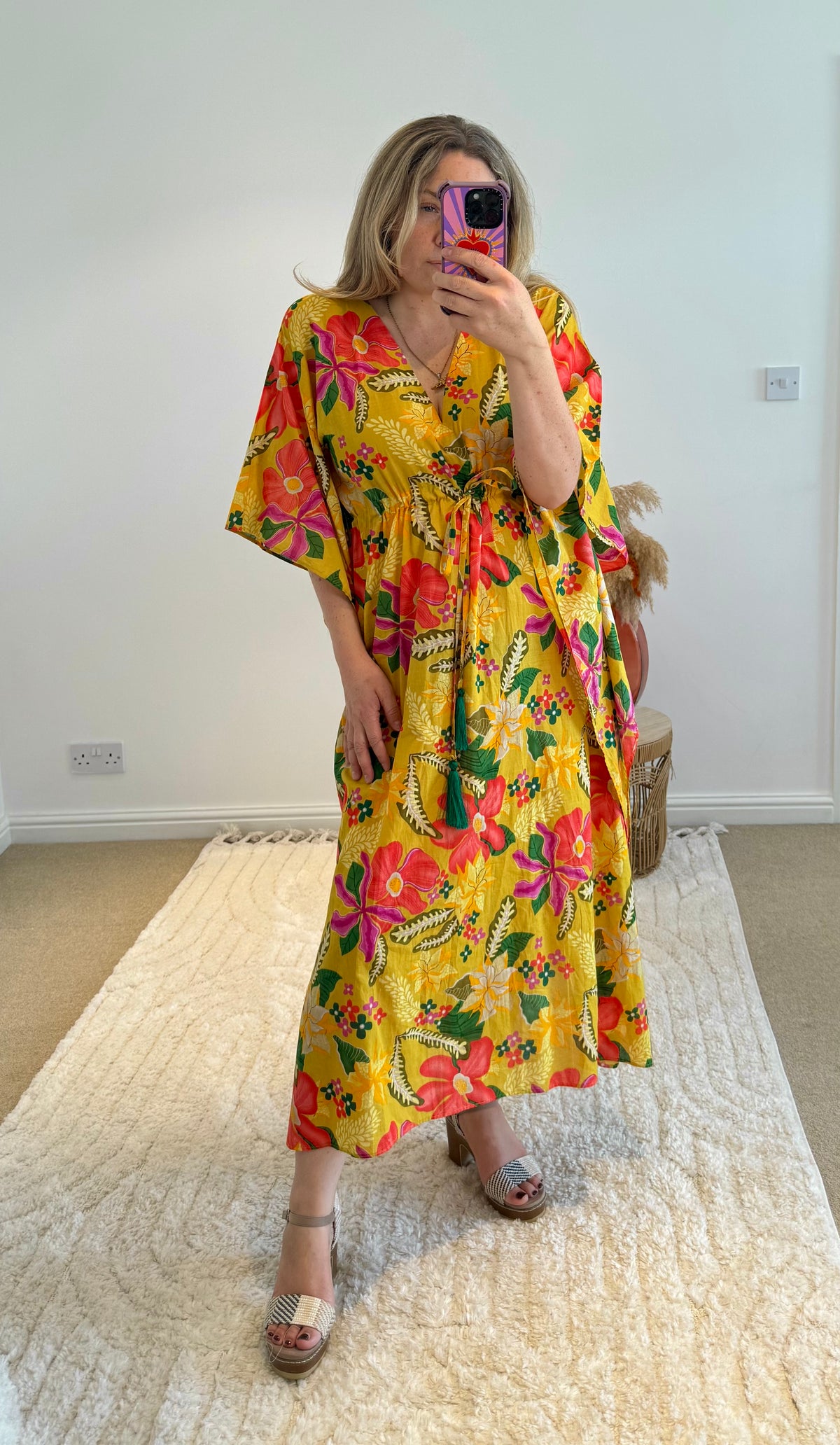 Indian Cotton Kaftan | Bright Yellow Floral Print