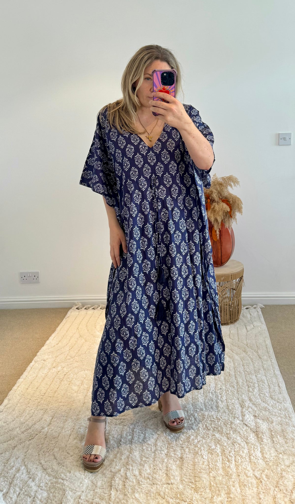 Indian Cotton Kaftan | Navy Boho Coral Print