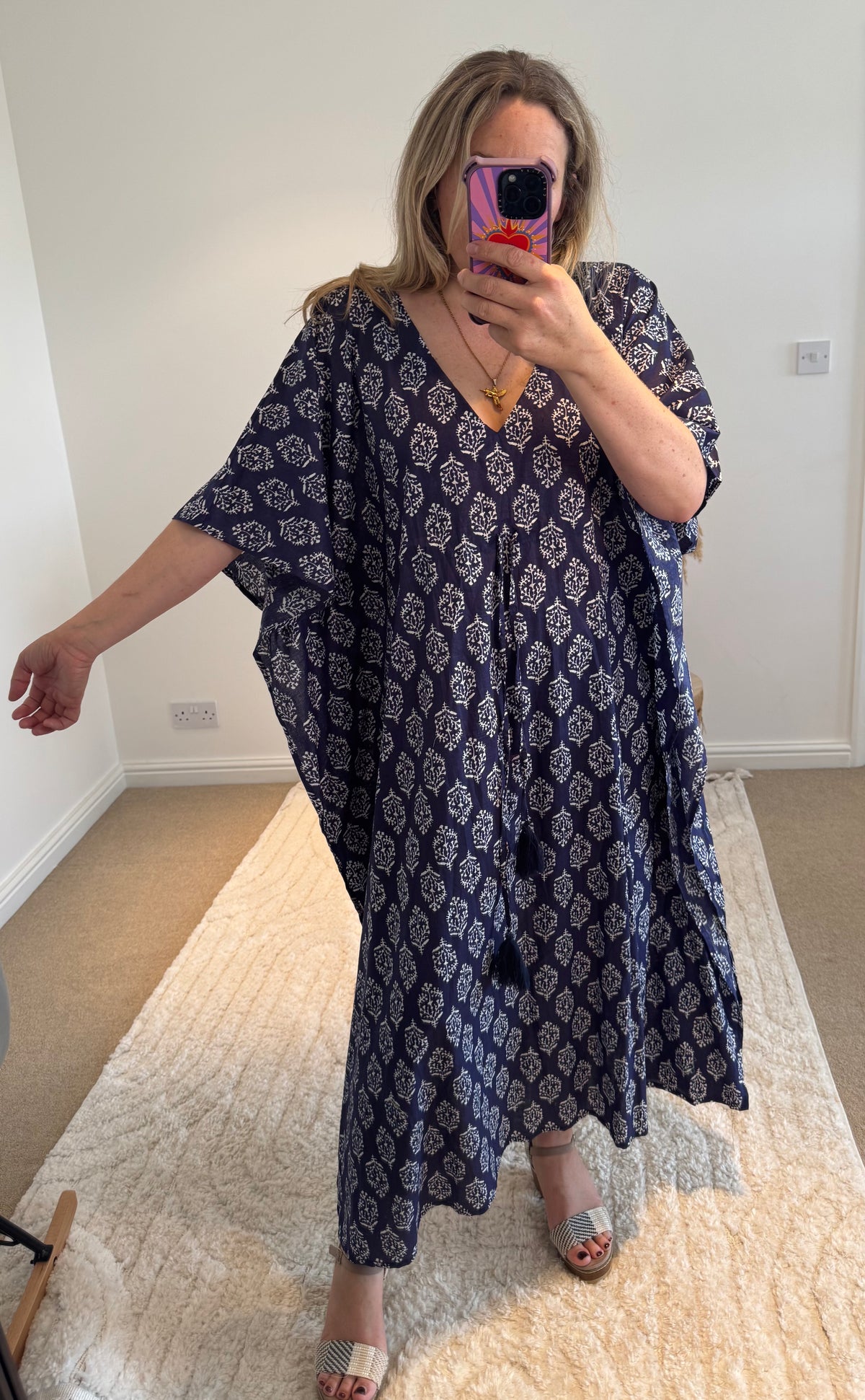 Indian Cotton Kaftan | Navy Boho Coral Print