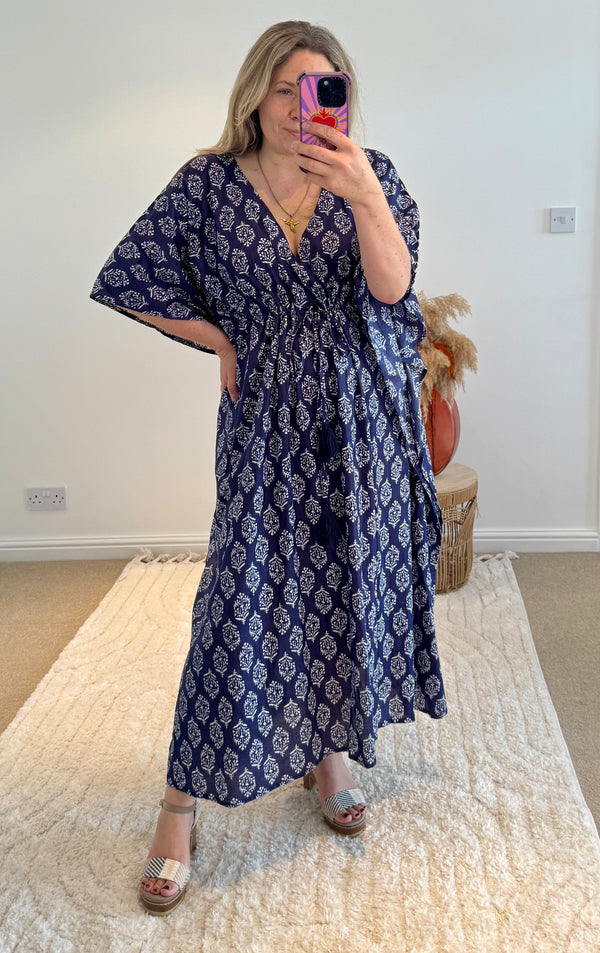 Indian Cotton Kaftan | Navy Boho Coral Print