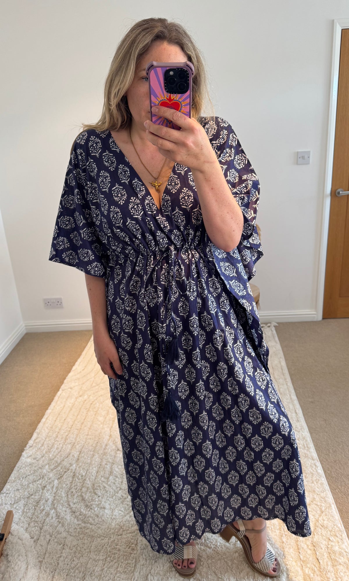 Indian Cotton Kaftan | Navy Boho Coral Print