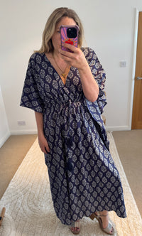 Indian Cotton Kaftan | Navy Boho Coral Print