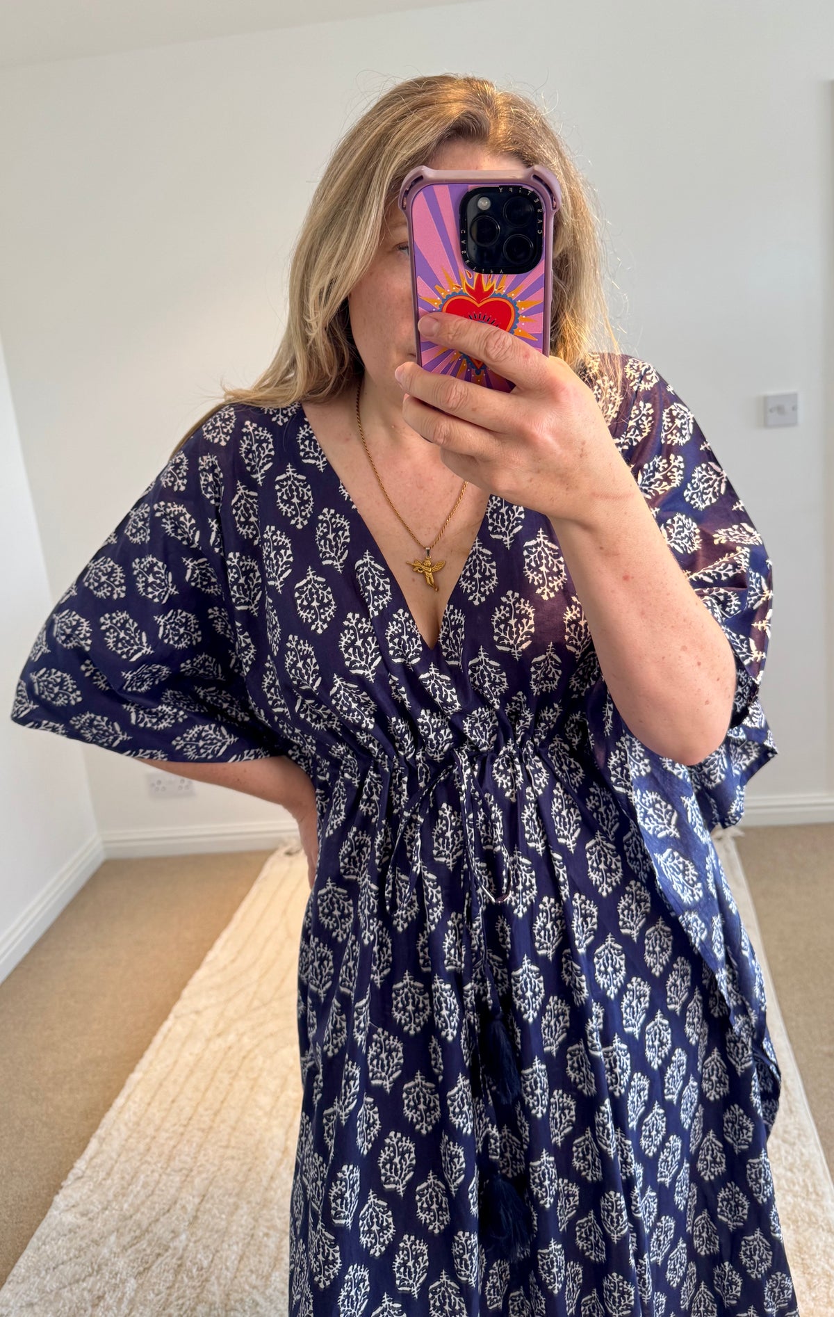 Indian Cotton Kaftan | Navy Boho Coral Print