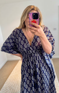 Indian Cotton Kaftan | Navy Boho Coral Print