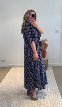 Indian Cotton Kaftan | Navy Boho Coral Print