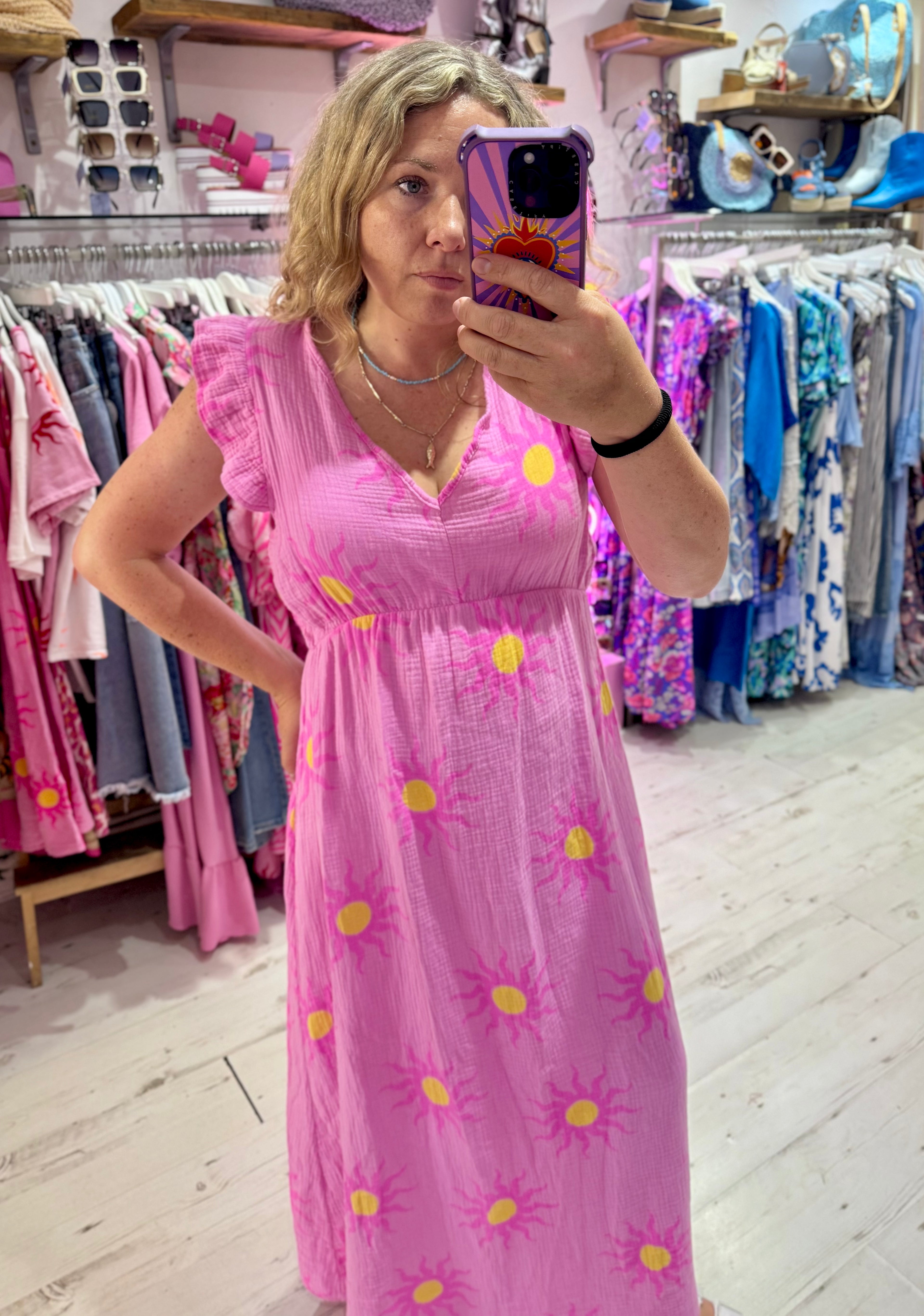 Sun Print Frill Sleeve Cotton Cheesecloth Dress | Pink