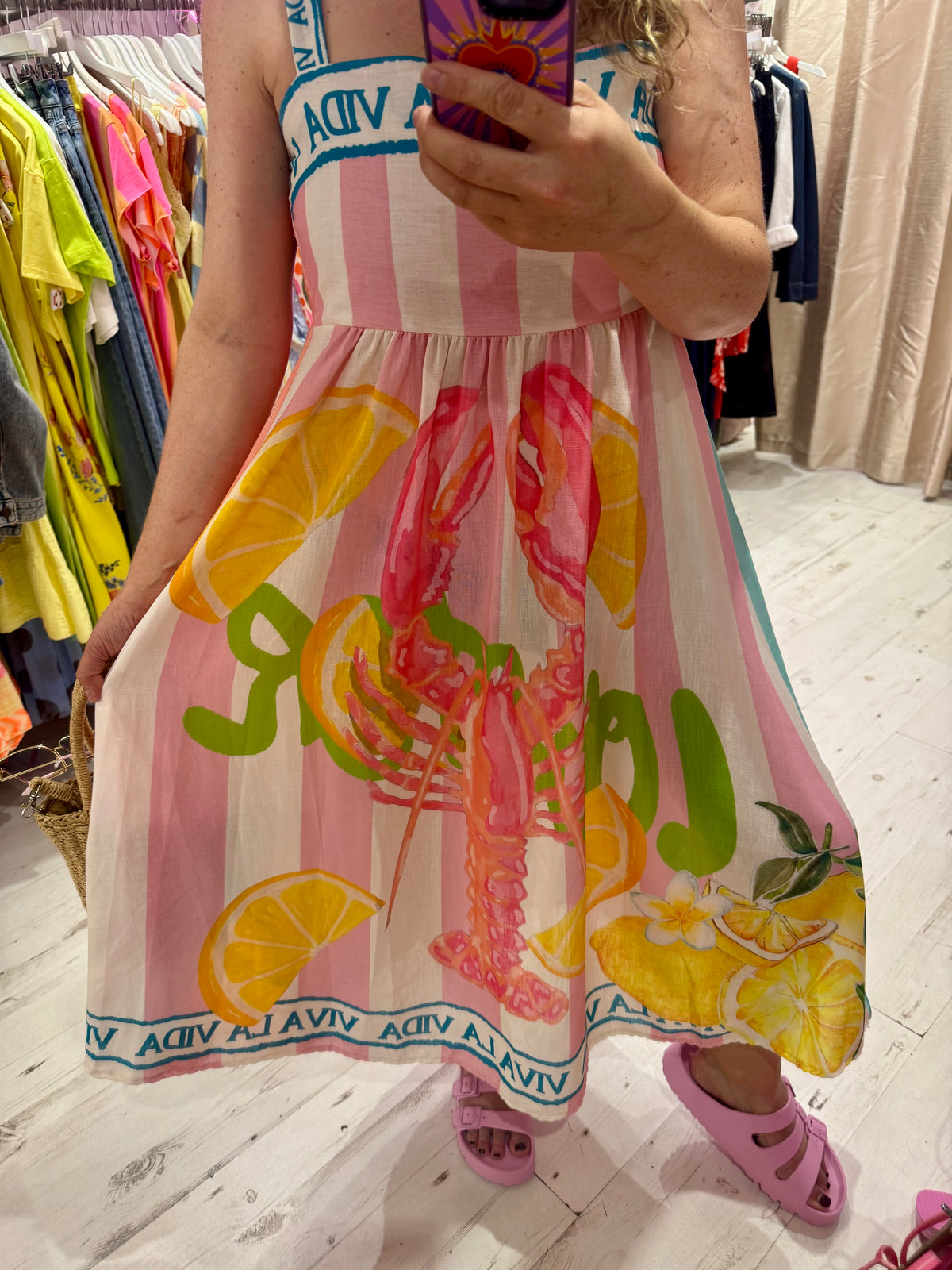 Colourful Lobster Design Midi Dress | Pink/Yellow