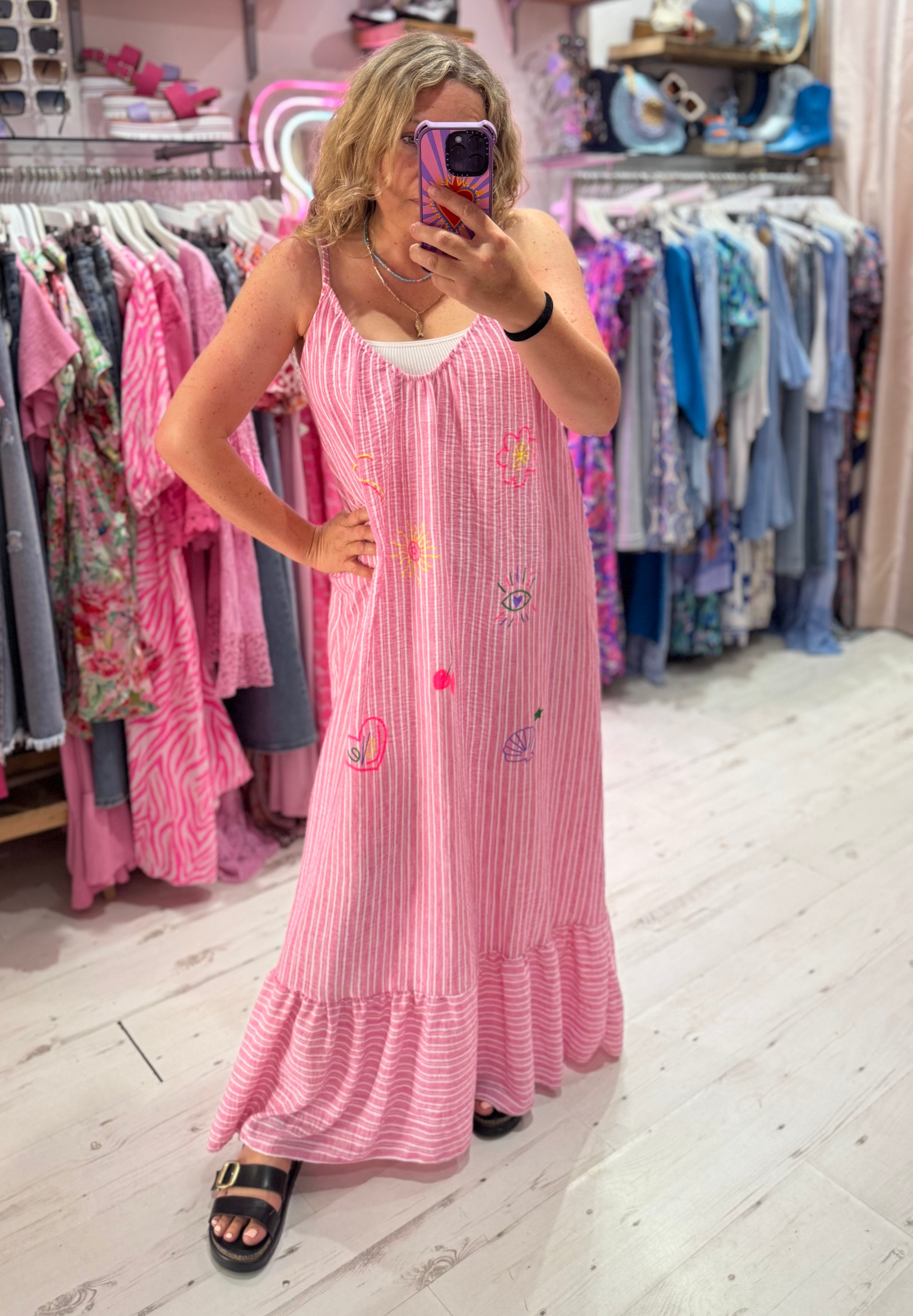 Callie Linen Mix Stripe Maxi Dress | Pink