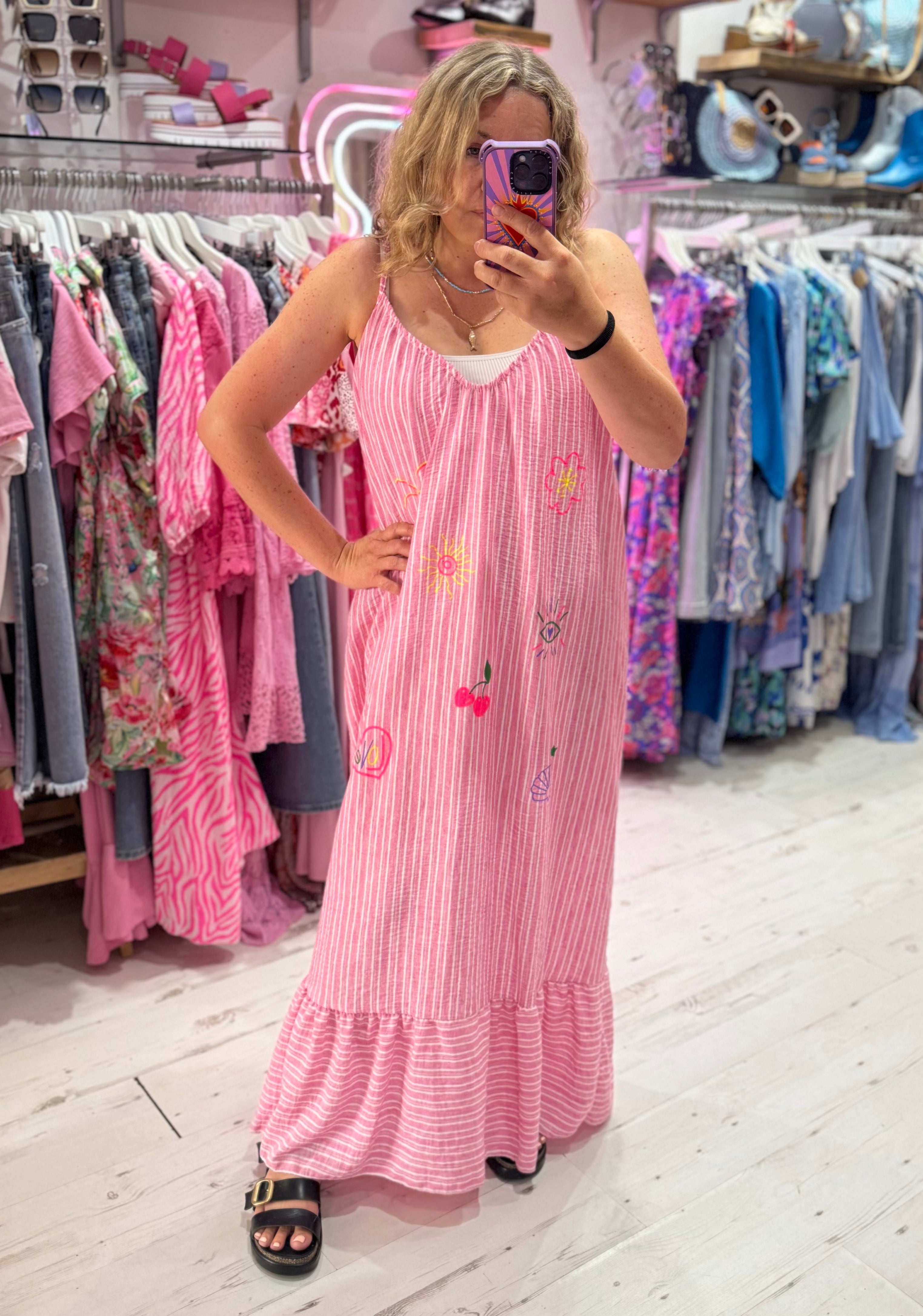 Callie Linen Mix Stripe Maxi Dress | Pink