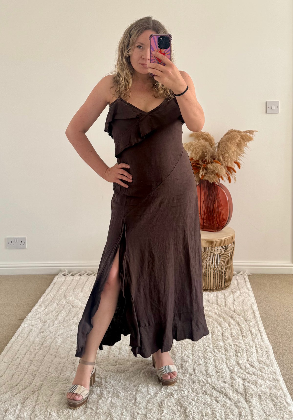 Ruffle Detail Premium Linen Midi Dress | Chocolate