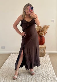 Ruffle Detail Premium Linen Midi Dress | Chocolate
