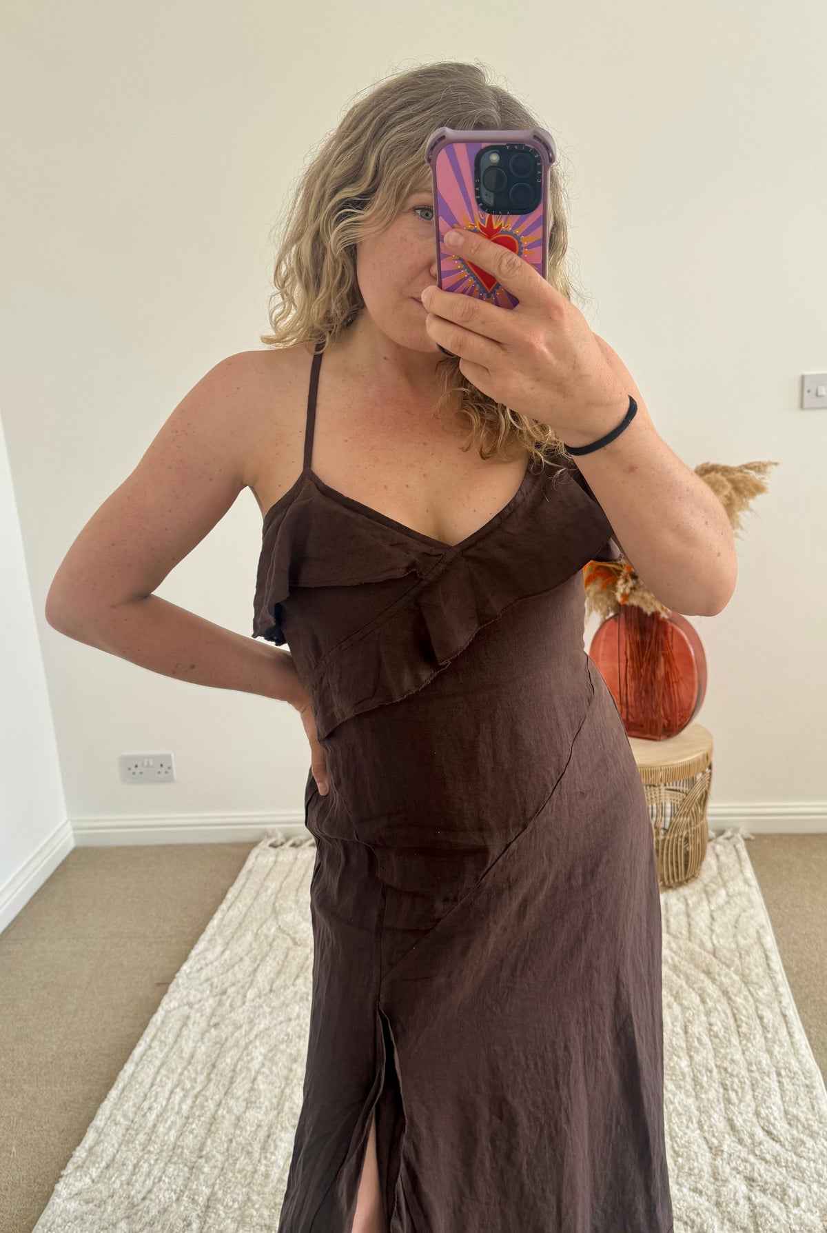 Ruffle Detail Premium Linen Midi Dress | Chocolate