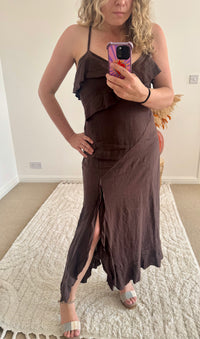 Ruffle Detail Premium Linen Midi Dress | Chocolate