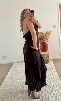 Ruffle Detail Premium Linen Midi Dress | Chocolate