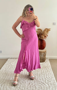 Ruffle Detail Premium Linen Midi Dress | Pink/Purple