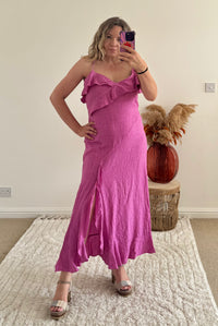 Ruffle Detail Premium Linen Midi Dress | Pink/Purple